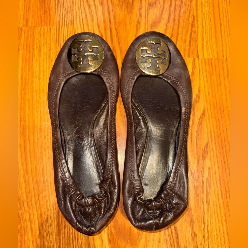 Tory Burch Women's Reva brown Leather Slip On Flats Shoes Size 9